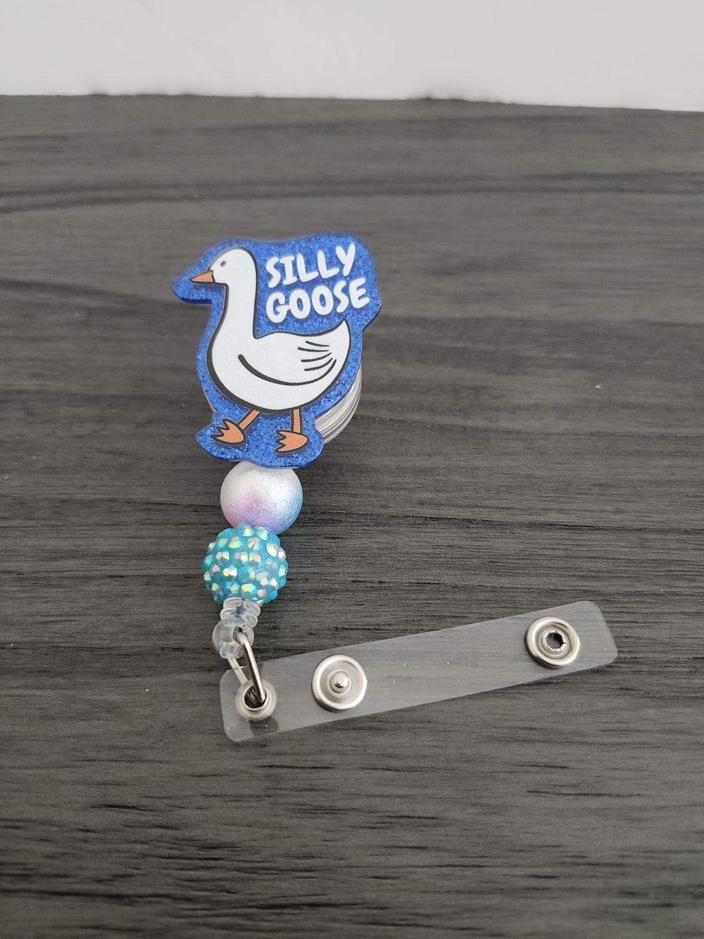 Silly Goose Blue Badge Reel with Beaded Lanyard